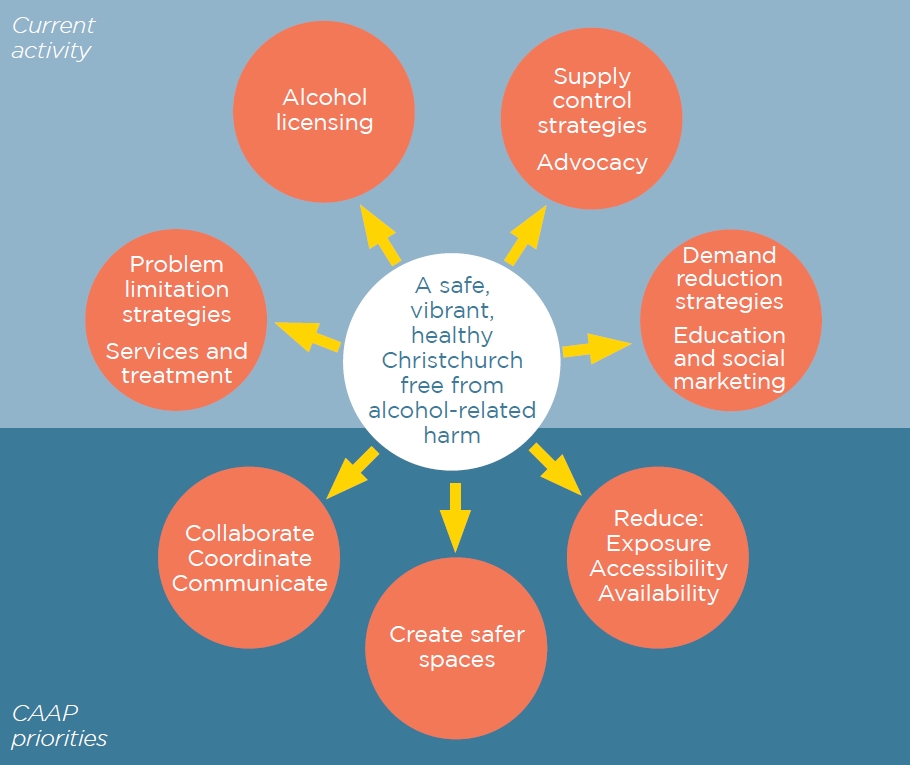 Vision and priorities of the Christchurch Alcohol Action Plan (CAAP).