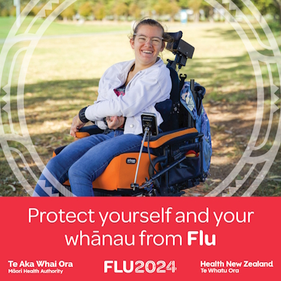 Protect yourself and your whānau from flu. Features a person with a disability/whaikaha in a assistive mobility chair in a park.